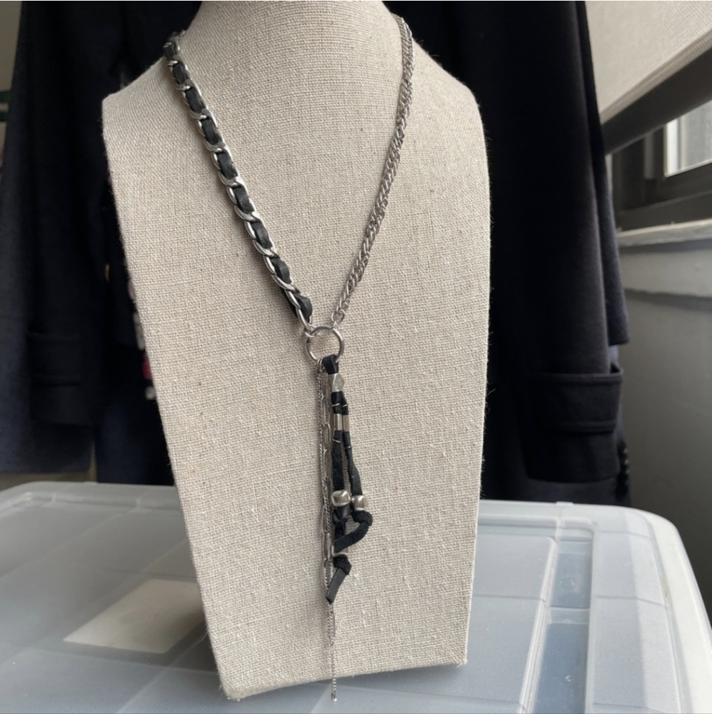 Free People Necklace, Silver-tone Black Leather Suede Twisted chain Tass…